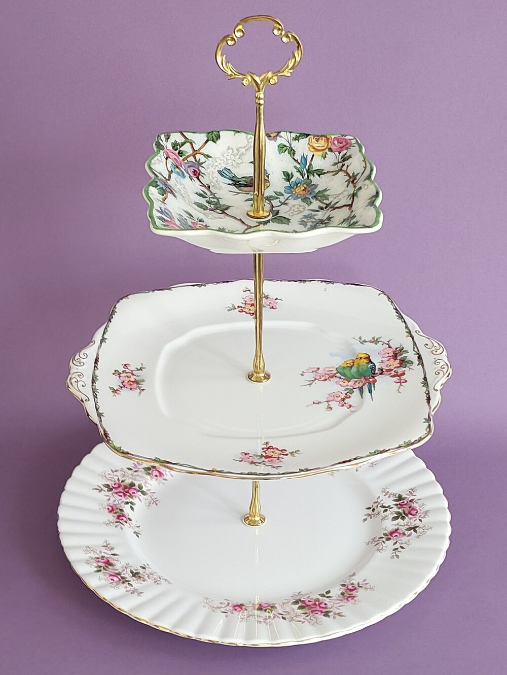 Royal Albert Midwinter Mismatched 3 Tier Vintage Cake Stand Tea Party Server